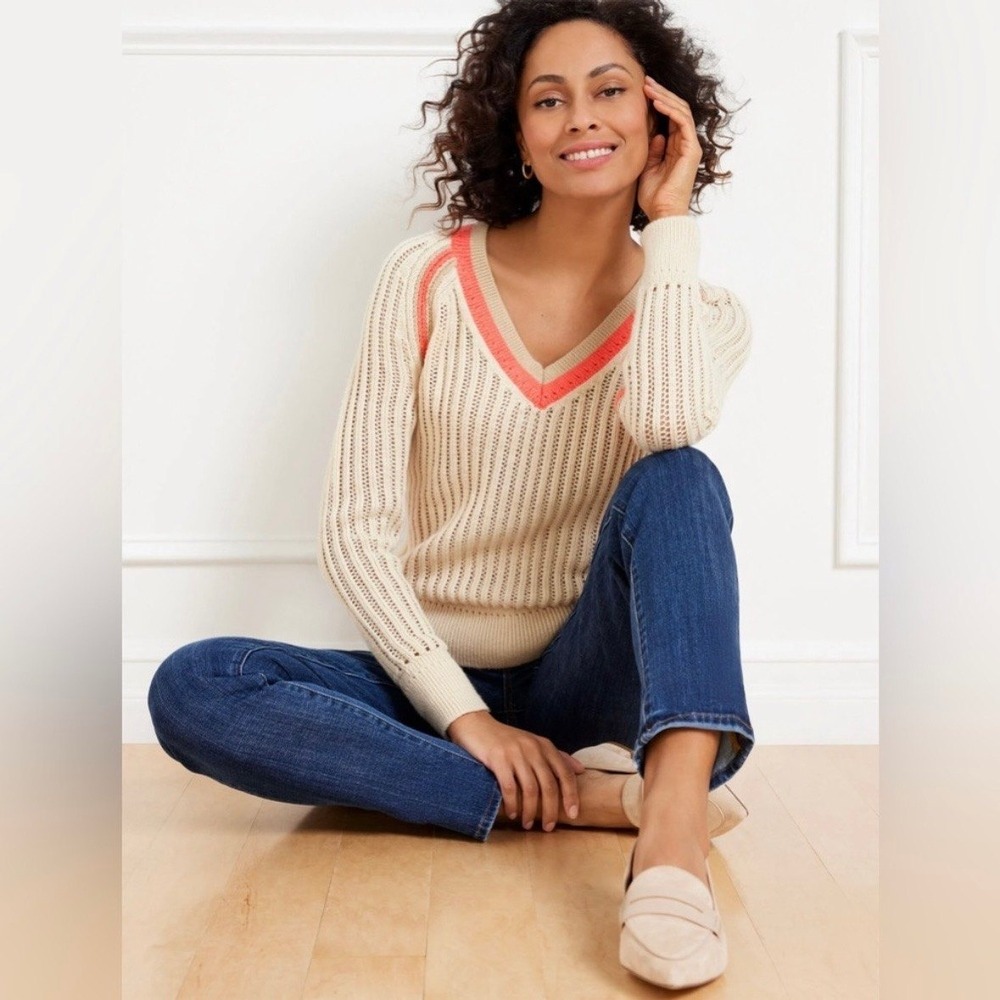 Talbots Sweater Tipped V-Neck Open Knit Cream Coral Women XS